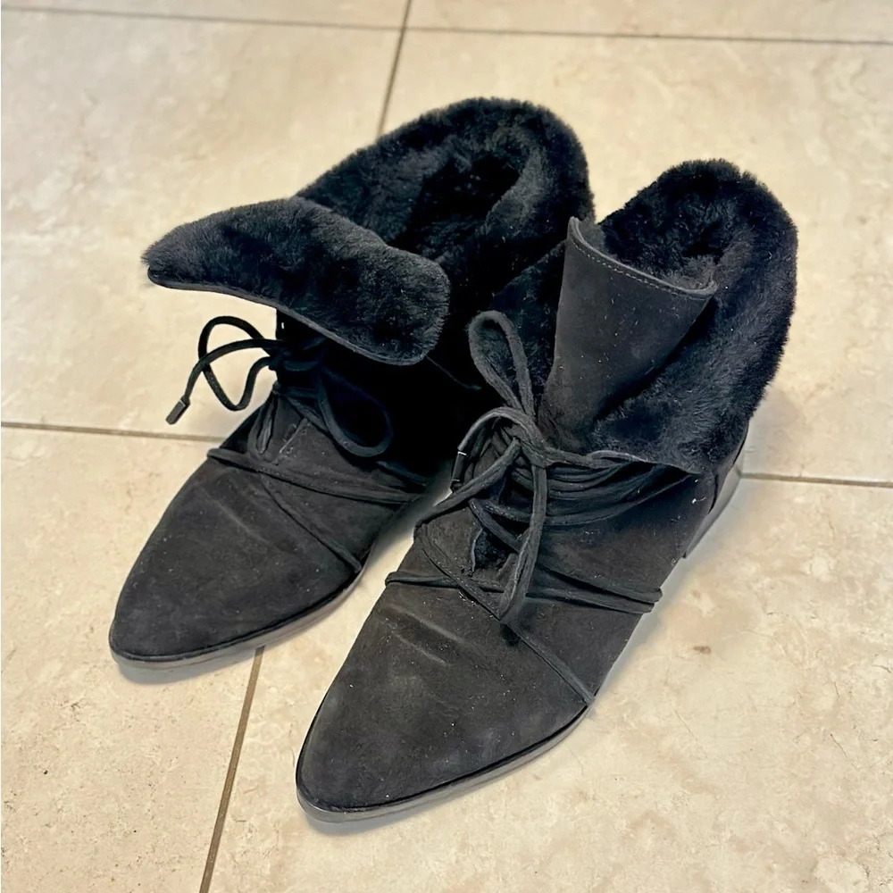 95% new Diane Von Furstrnburg Black Suede Fur-Lined Booties - Picture 1 of 4
